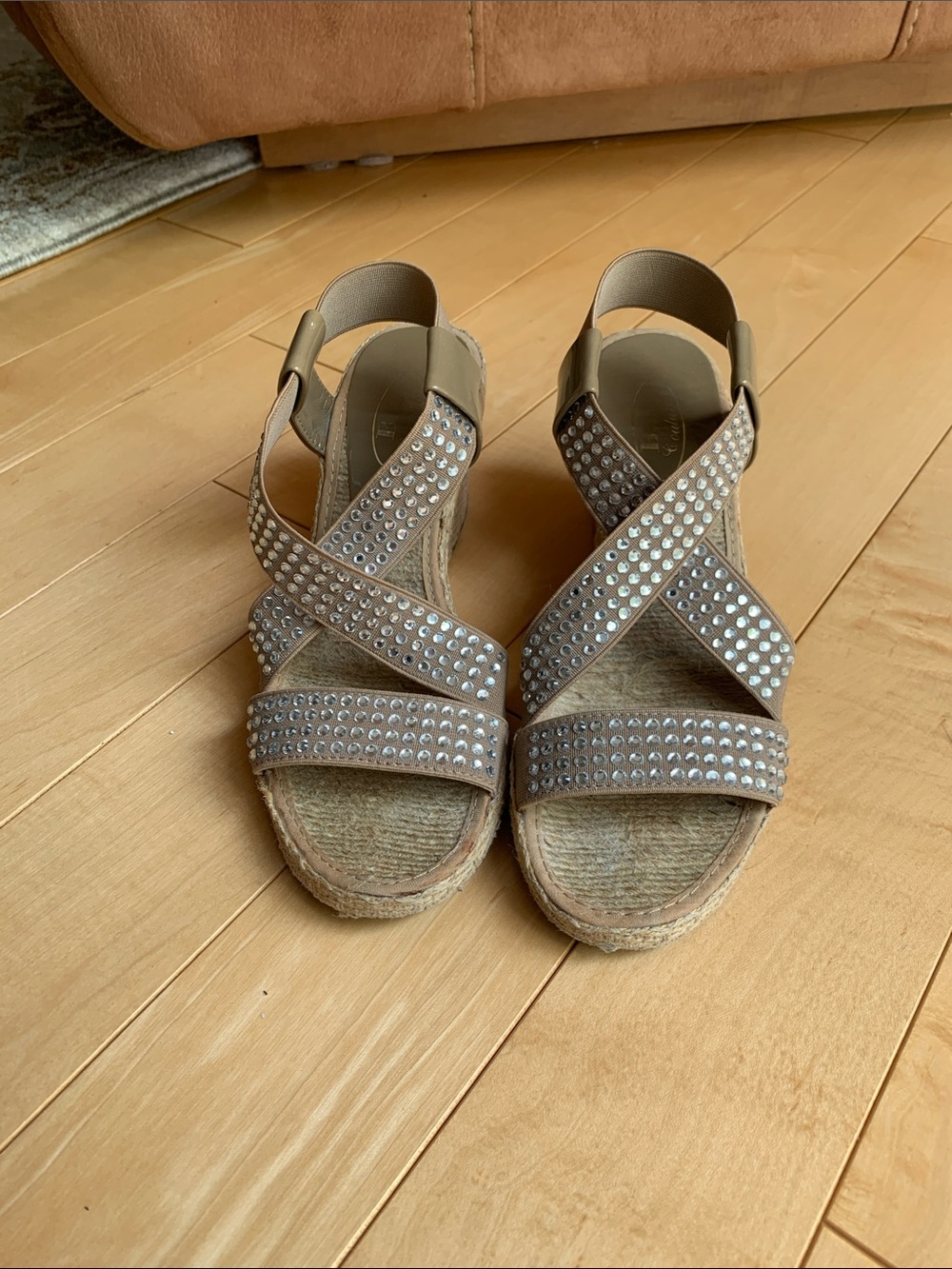 Studded Crisscross Wedge Sandals - Taupe